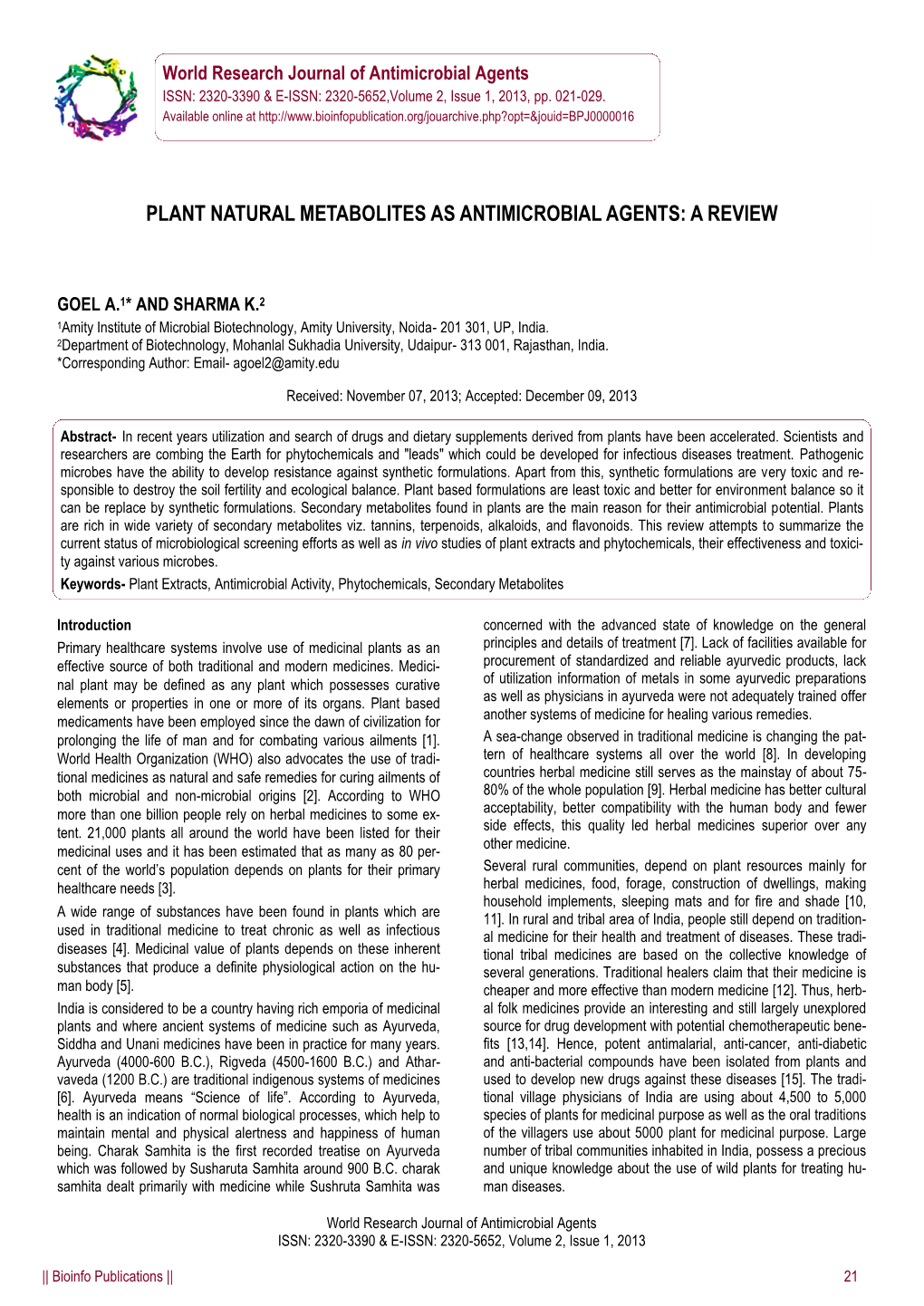 Plant Natural Metabolites As Antimicrobial Agents: a Review