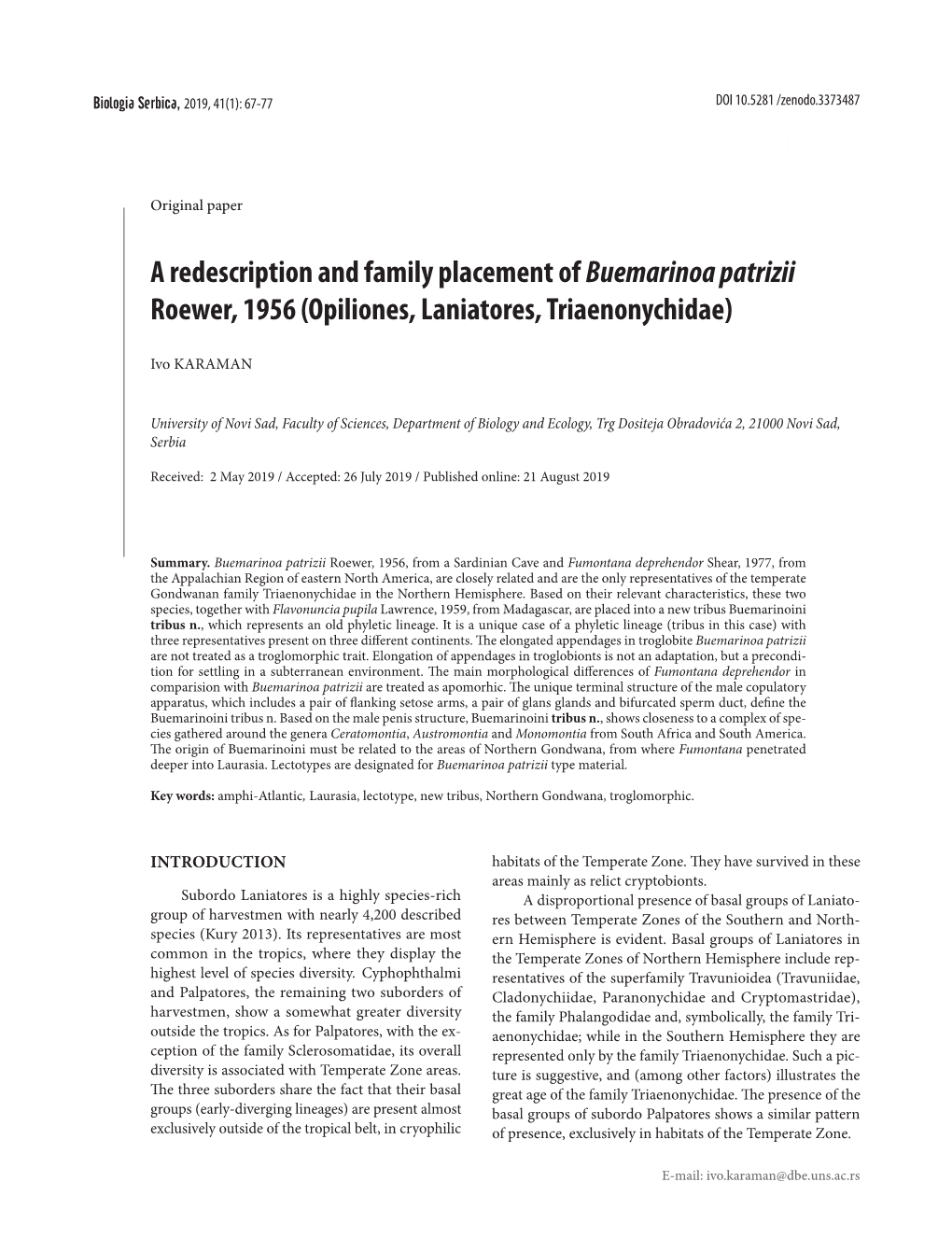 A Redescription and Family Placement of Buemarinoa Patrizii Roewer, 1956 (Opiliones, Laniatores, Triaenonychidae)