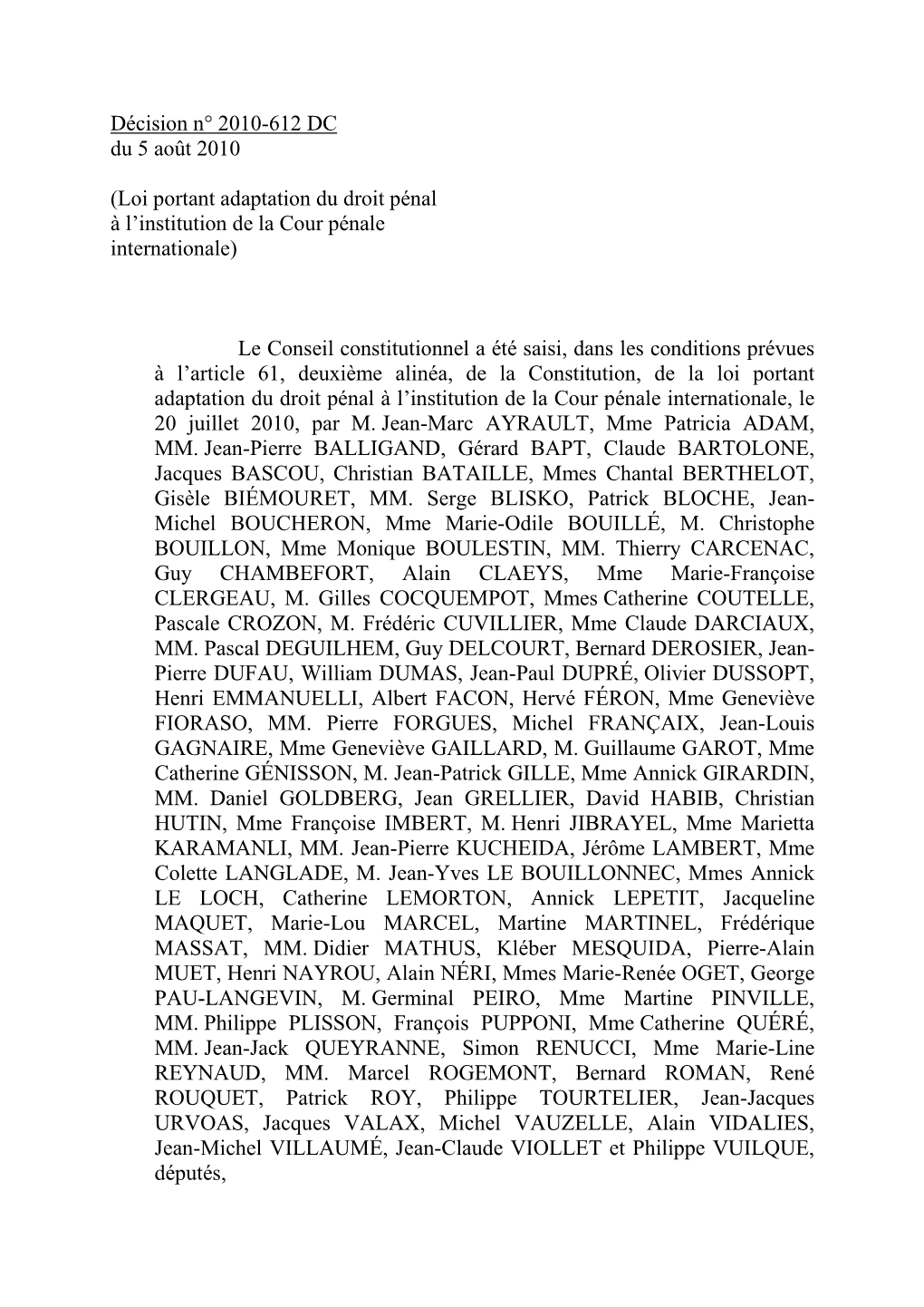 Décision N° 2010-612 DC Du 5 Août 2010