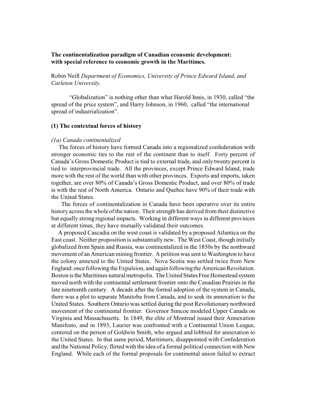 The Continentalization Paradigm of Canadian Economic Development: with Special Reference to Economic Growth in the Maritimes