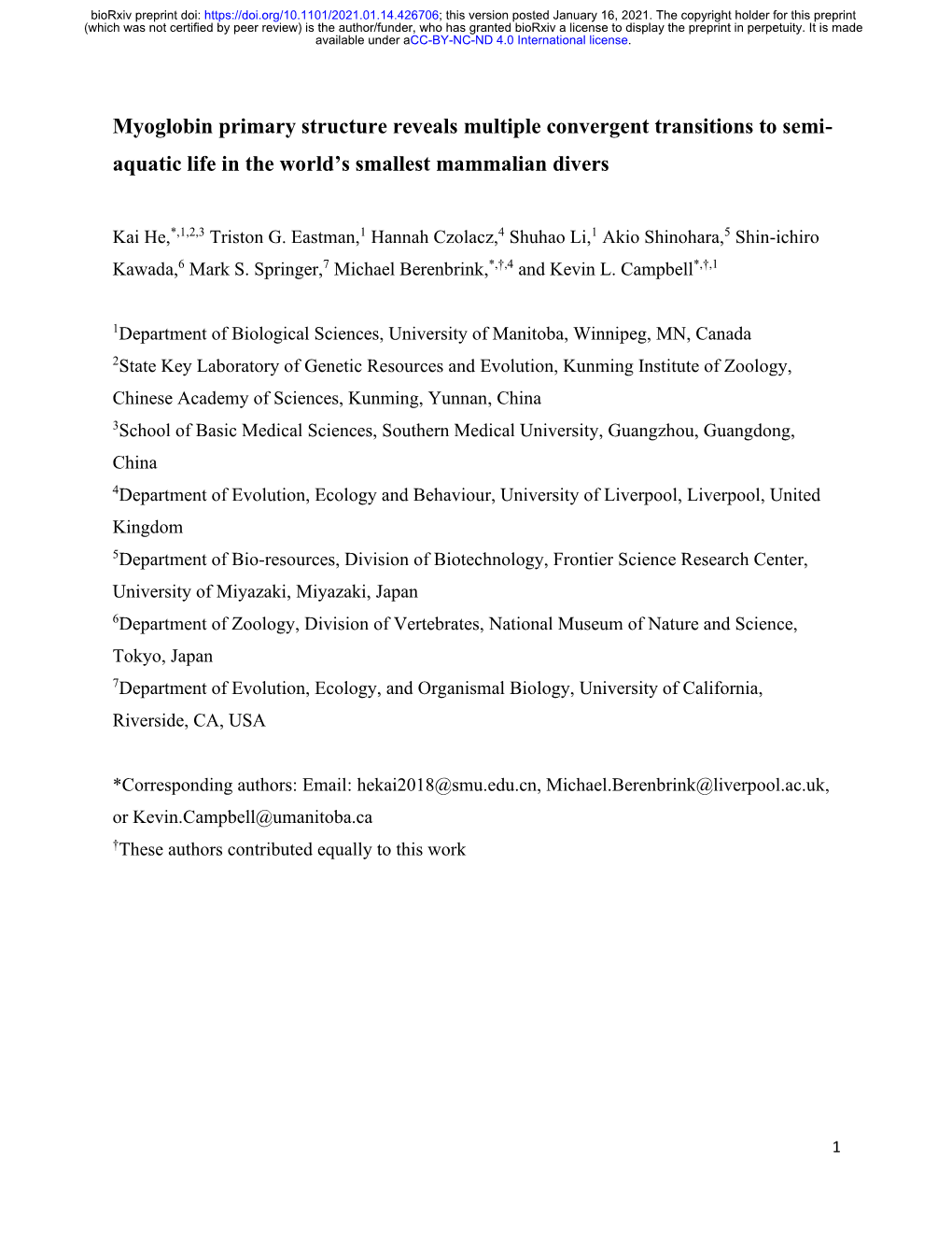 Myoglobin Primary Structure Reveals Multiple Convergent Transitions to Semi- Aquatic Life in the World’S Smallest Mammalian Divers