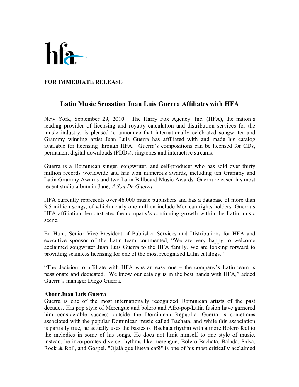 Latin Music Sensation Juan Luis Guerra Affiliates with HFA