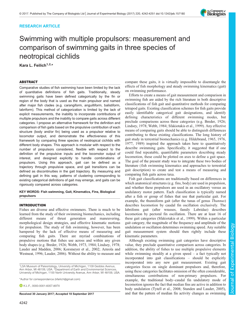 Measurement and Comparison of Swimming Gaits in Three Species of Neotropical Cichlids Kara L