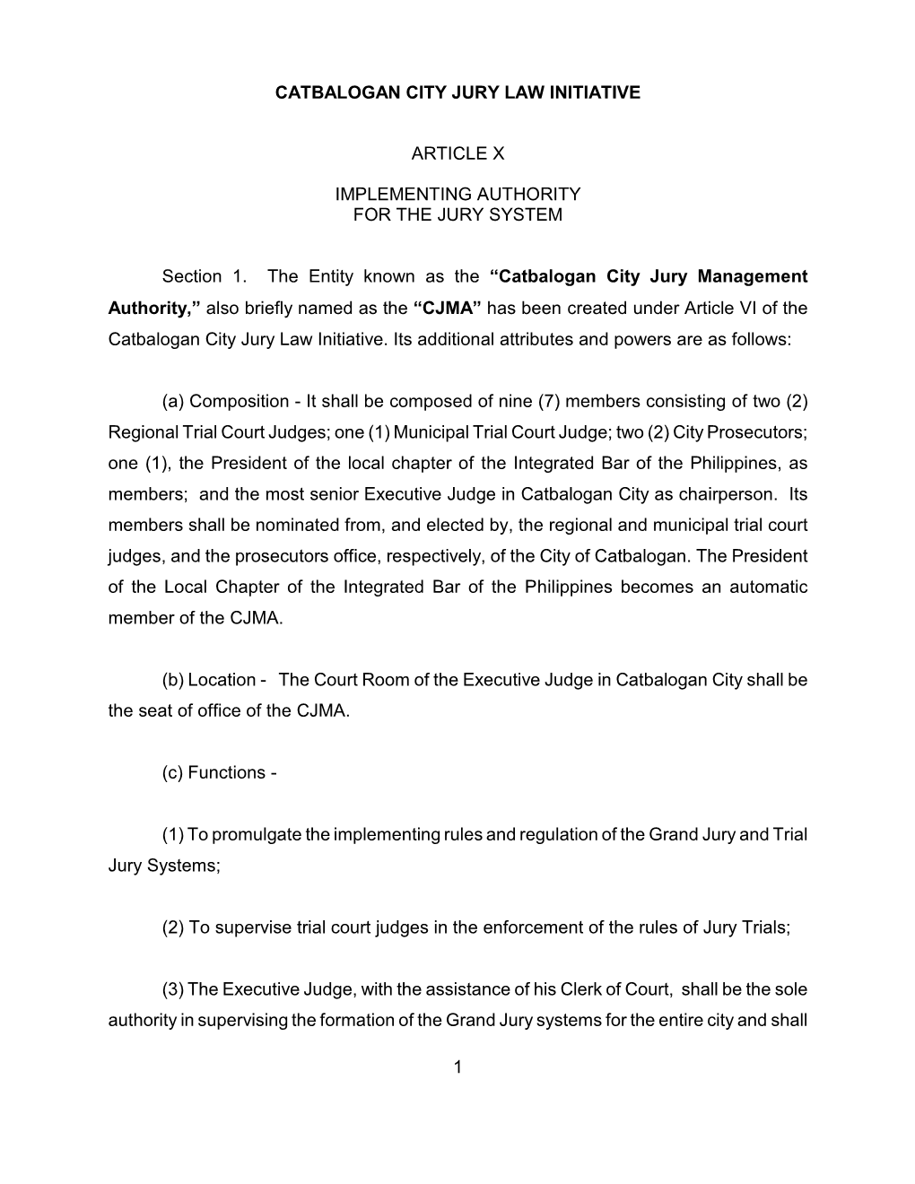 1 Catbalogan City Jury Law Initiative Article X