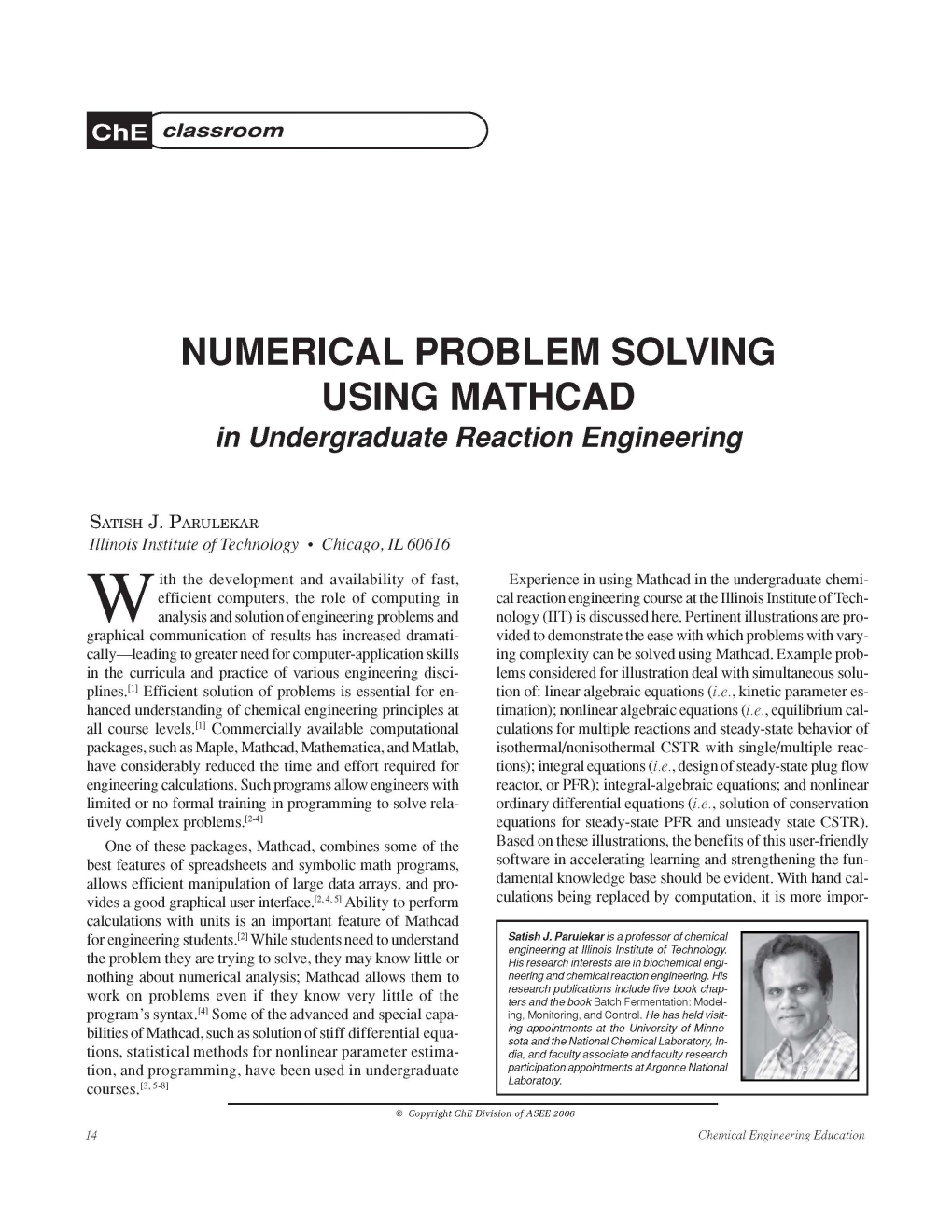 NUMERICAL PROBLEM SOLVING USING MATHCAD in Undergraduate Reaction Engineering