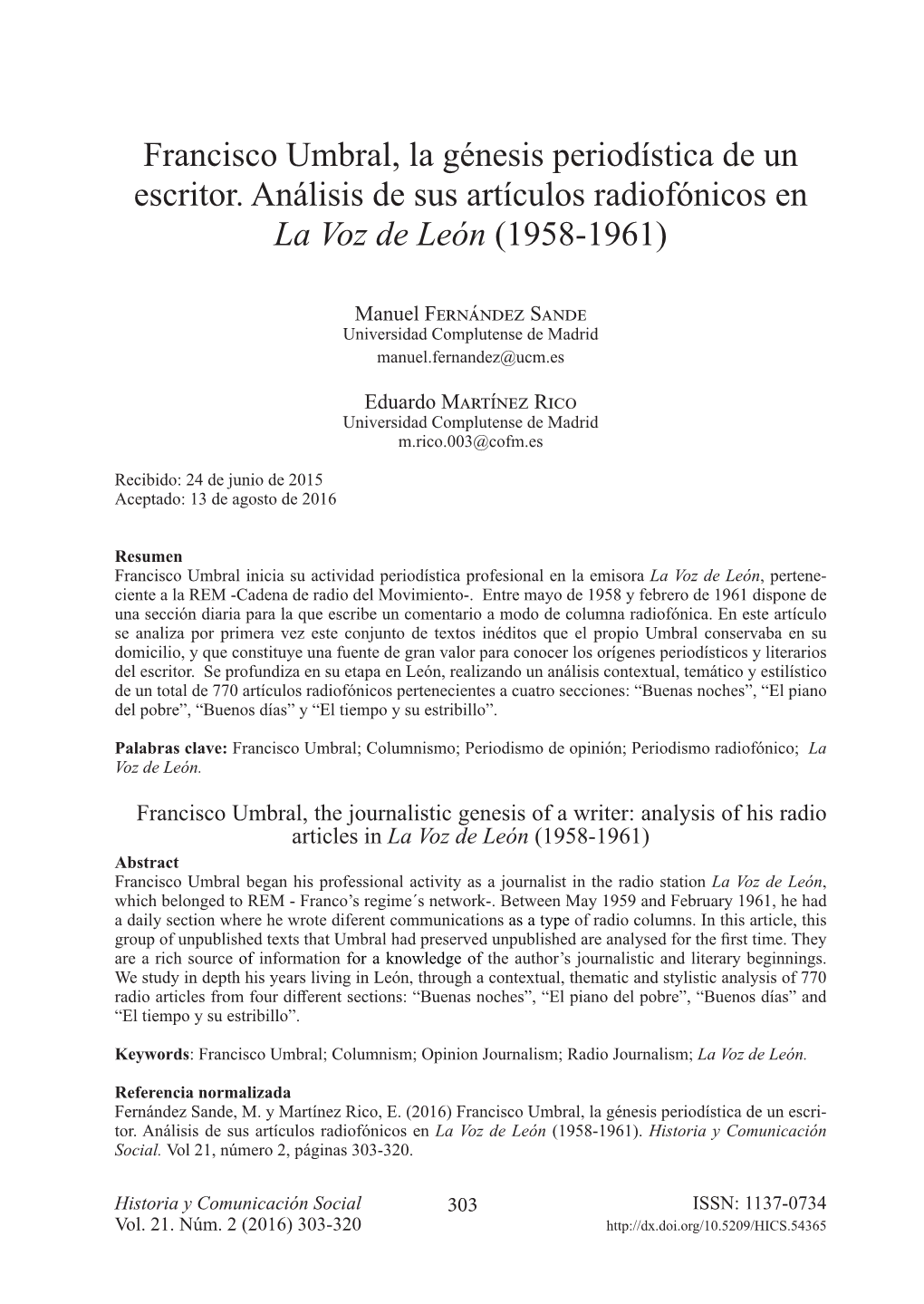Francisco Umbral, La Génesis Periodística De Un Escritor. Análisis De Sus Artículos Radiofónicos En La Voz De León (1958-1961)