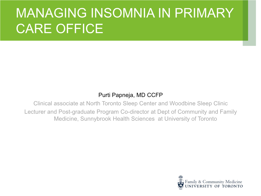 Managing Insomnia in Primary Care Office