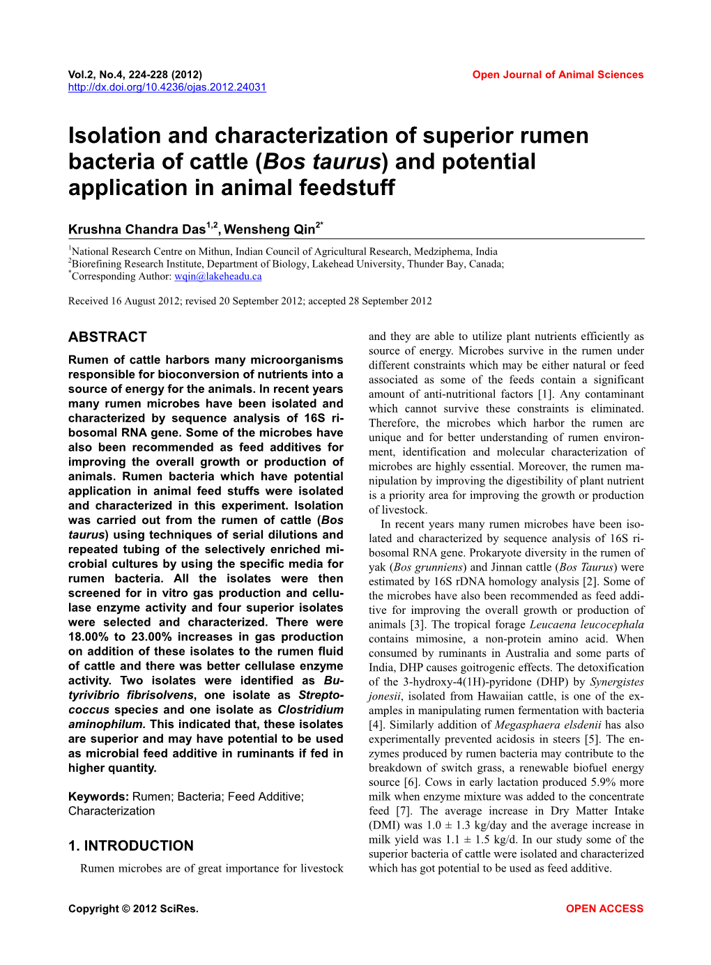 Isolation and Characterization of Superior Rumen Bacteria of Cattle (Bos Taurus) and Potential Application in Animal Feedstuff