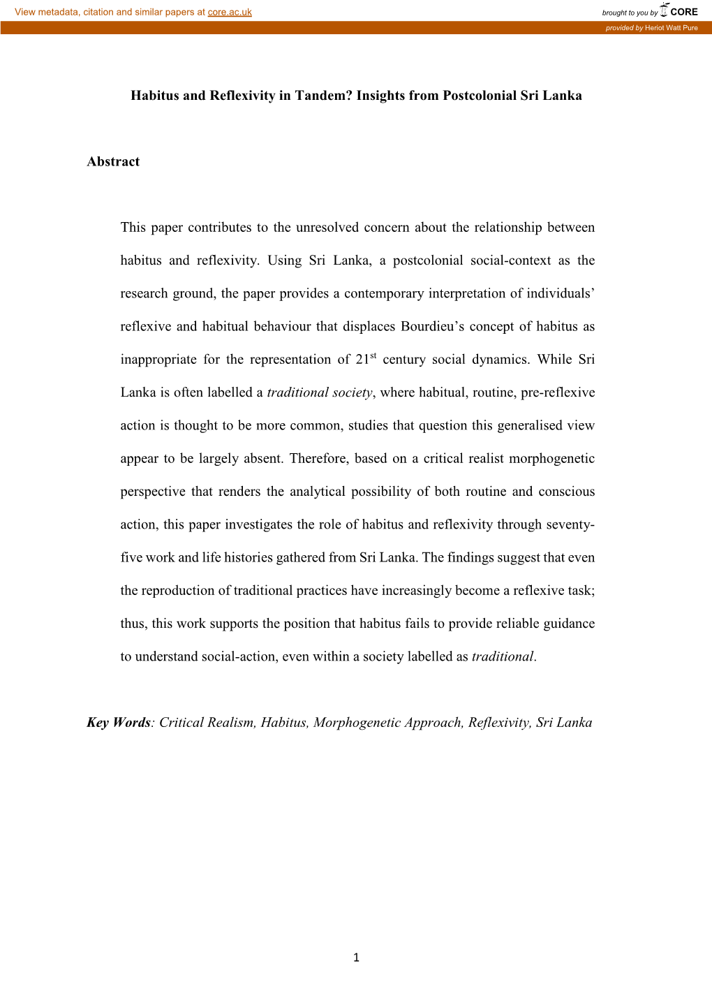 Habitus and Reflexivity in Tandem? Insights from Postcolonial Sri Lanka