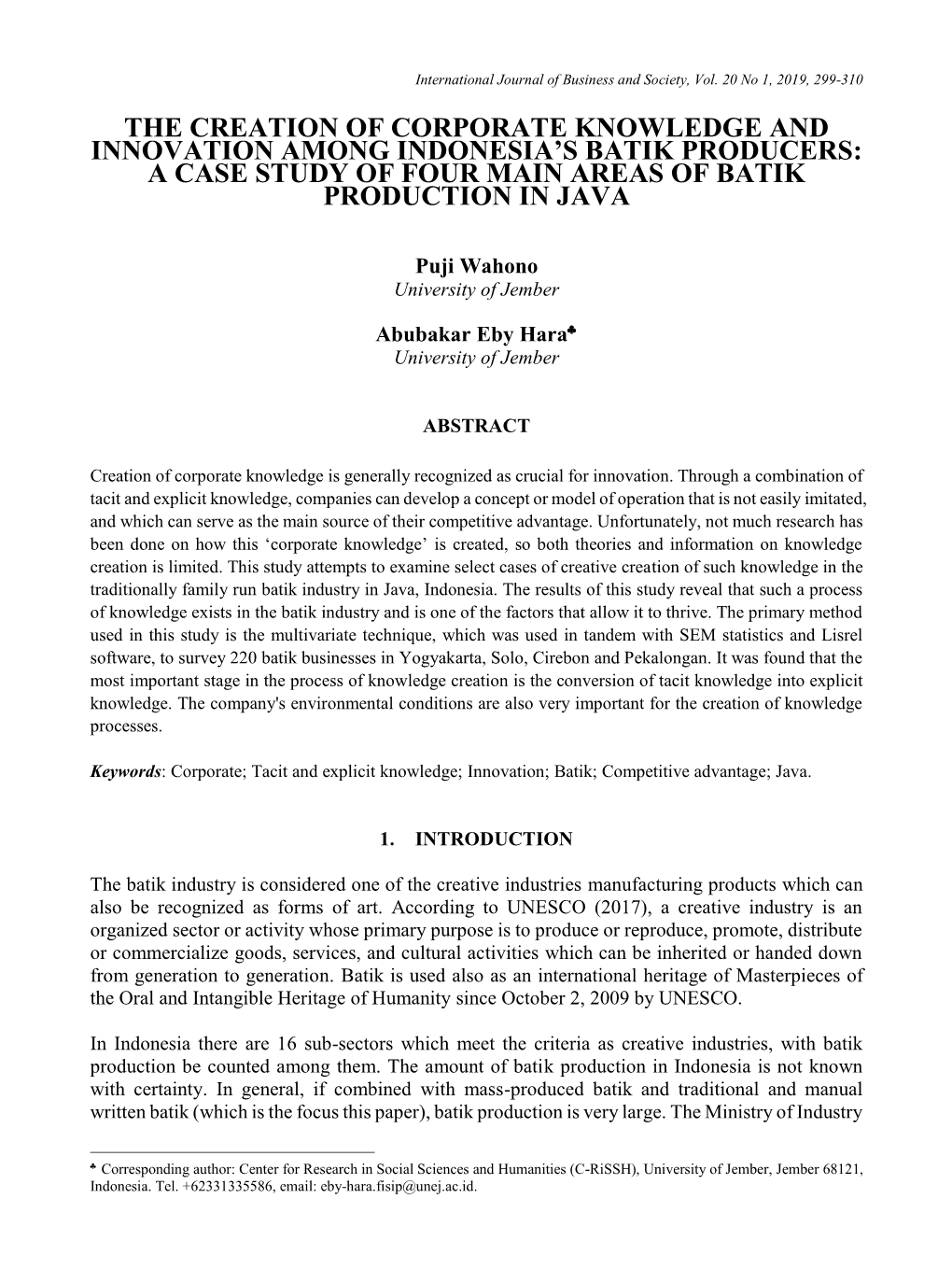 The Creation of Corporate Knowledge and Innovation Among Indonesia’S Batik Producers: a Case Study of Four Main Areas of Batik Production in Java