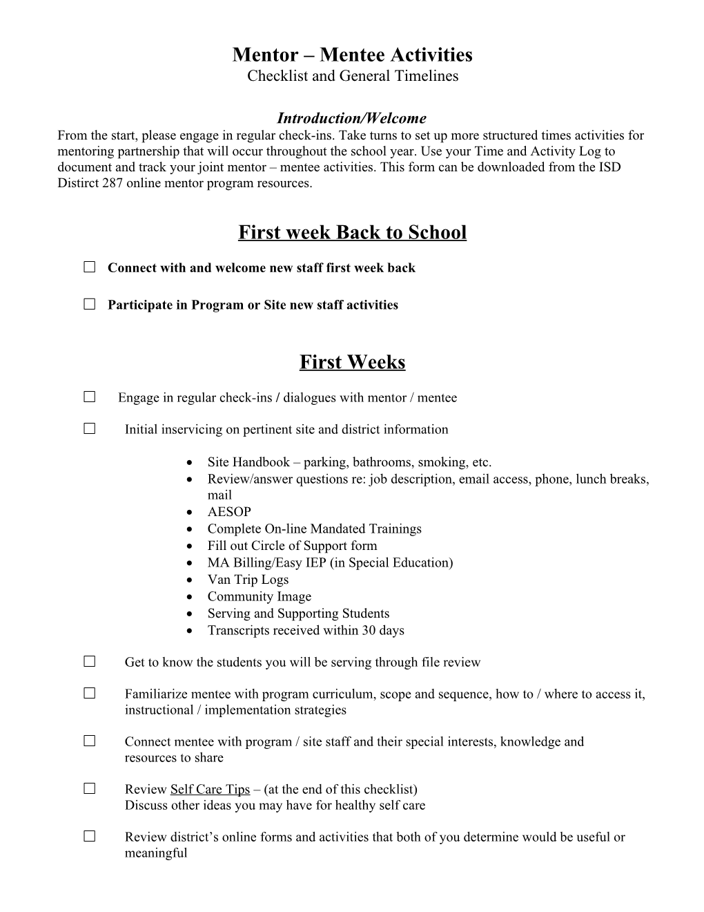 Checklist and General Timelines for Your First Year