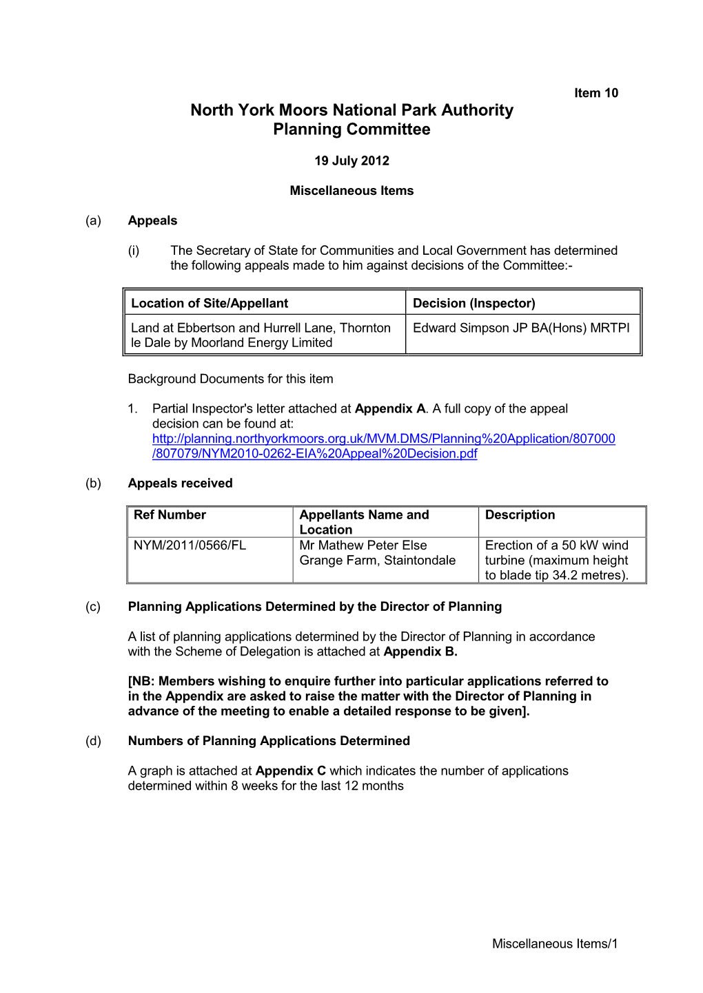 Item 10 North York Moors National Park Authority Planning Committee