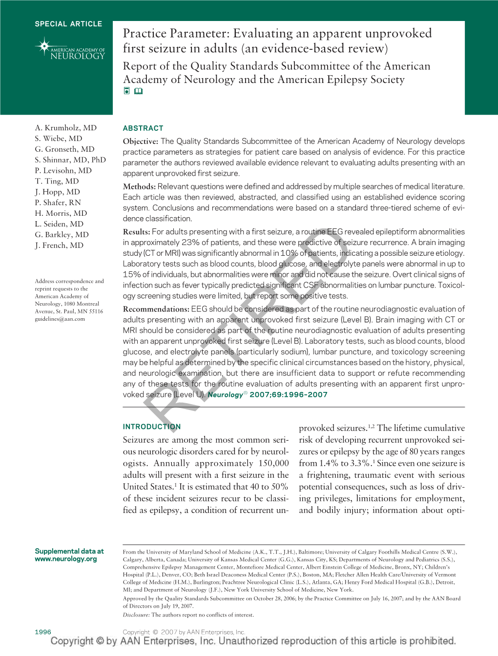 Full Text Article (An Article Was In- the Next Goal of Assessment Is to Determine a Cluded for Review If Selected by at Least One Committee Cause for the Seizure