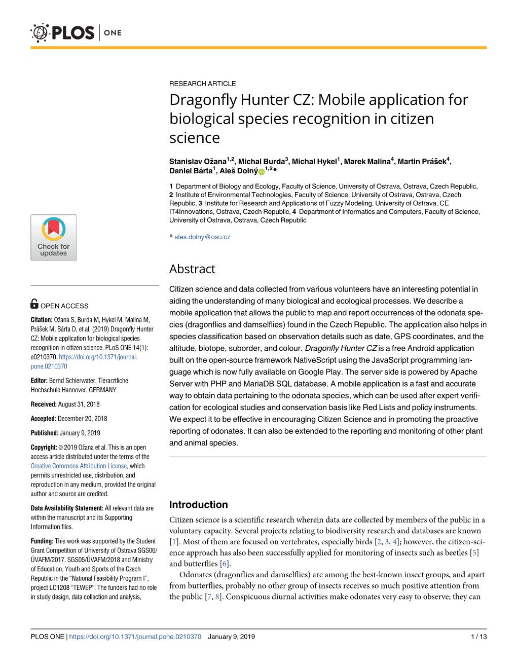 Dragonfly Hunter CZ: Mobile Application for Biological Species Recognition in Citizen Science