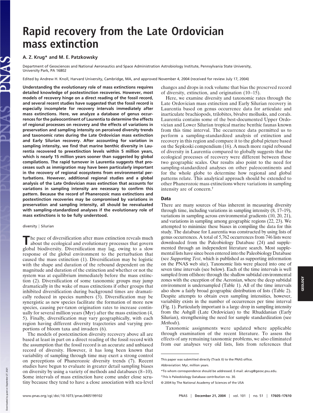 Rapid Recovery from the Late Ordovician Mass Extinction