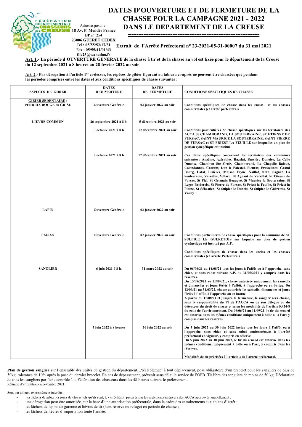 Dates D'ouverture Et De Fermeture De La Chasse Pour La Campagne 2021