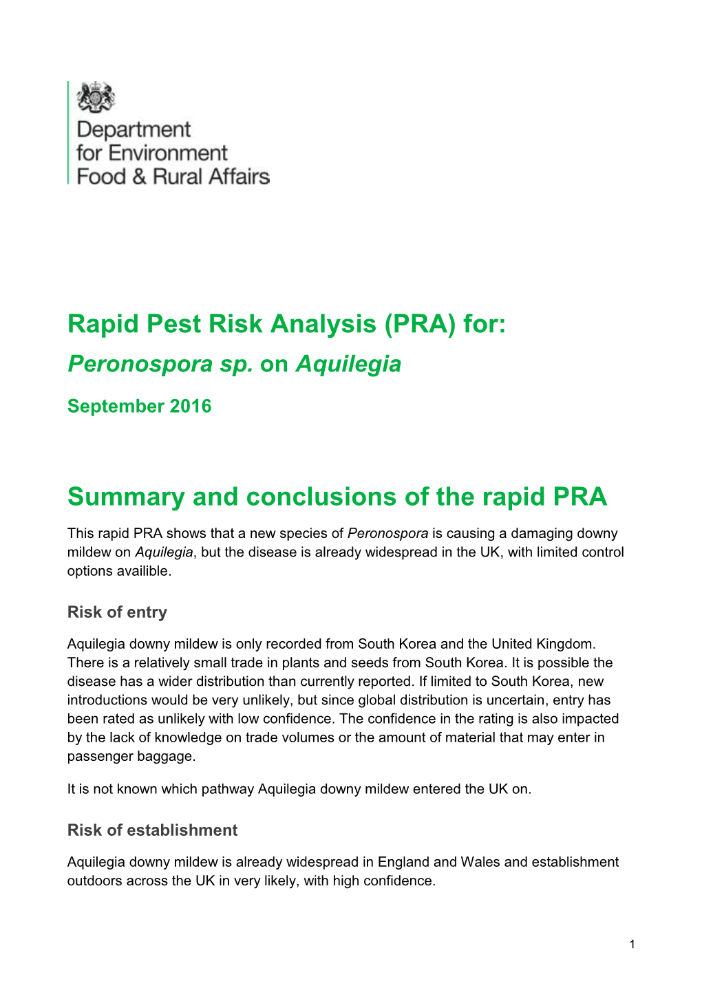 Rapid Pest Risk Analysis (PRA) For: Peronospora Sp