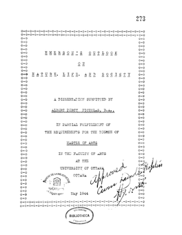9^9 Nature, Life, and Society a Dissertation Submitted by Albert Percy Nicholas, B.A. , in Partial Fulfillment of the Requiremen
