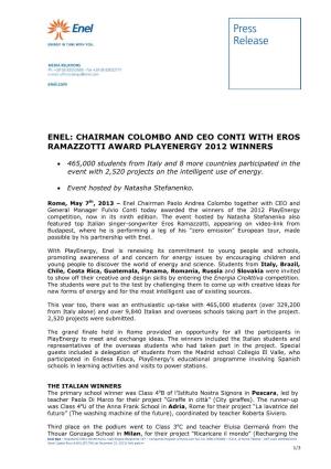 Enel: Chairman Colombo and Ceo Conti with Eros Ramazzotti Award Playenergy 2012 Winners