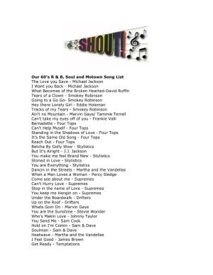 Our 60'S R & B, Soul and Motown Song List the Love