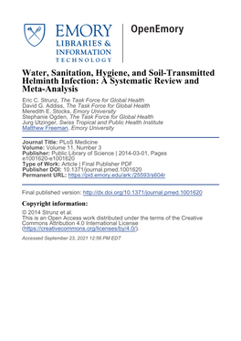 Water, Sanitation, Hygiene, and Soil-Transmitted Helminth Infection: a Systematic Review and Meta-Analysis Eric C