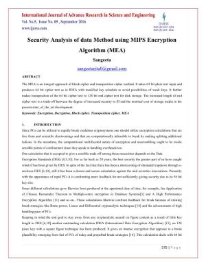 Security Analysis of Data Method Using MIPS Encryption Algorithm (MEA) Sangeeta