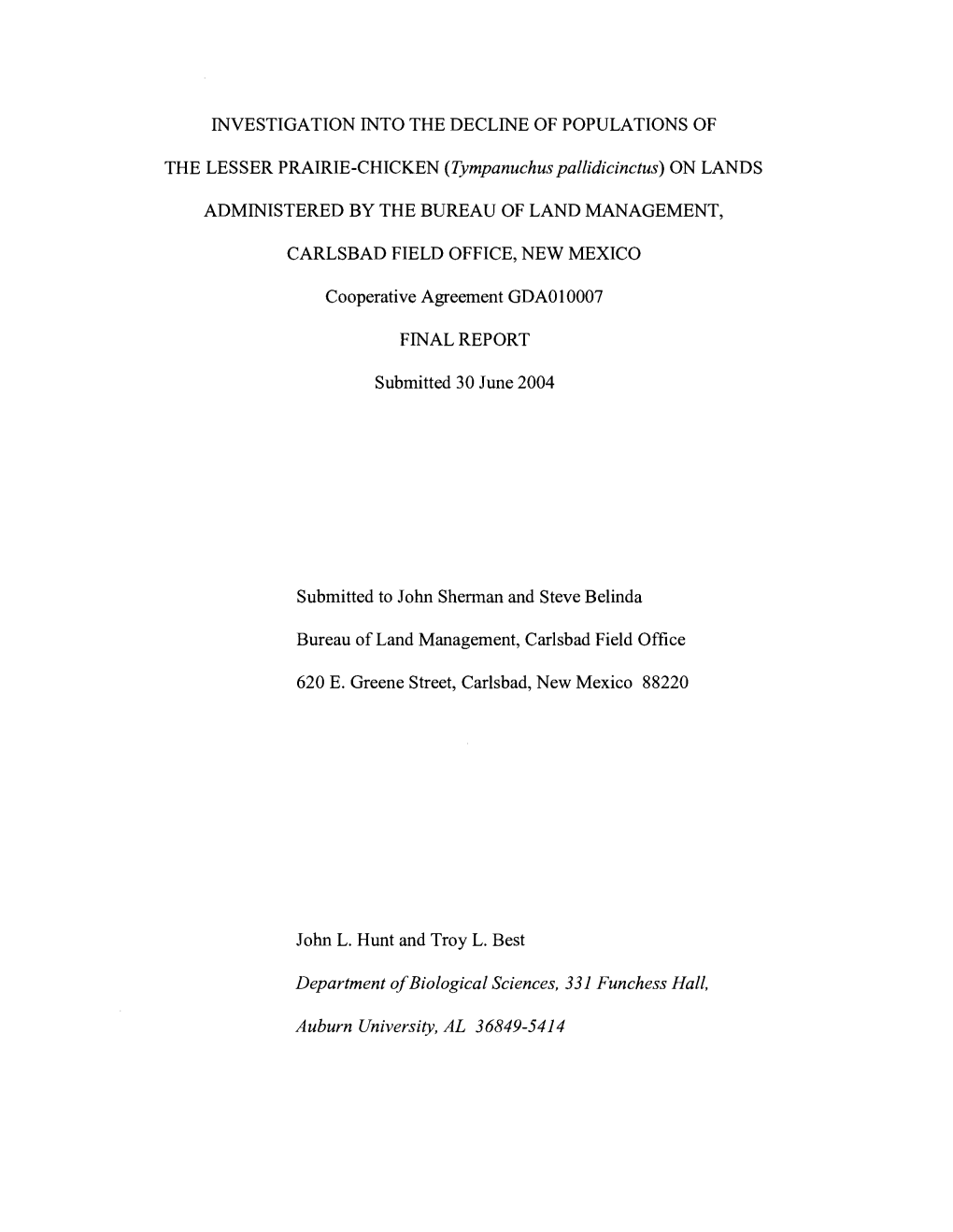 Investigation Into the Decline of Populations of Administered by the Bureau of Land Management, Carlsbad Field Office, New Mexic