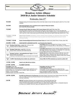 Broadway Artists Alliance 2018 BAA Junior Intensive Schedule