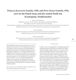 Polycera Faeroensis Lemche, 1929, and Doto Dunnei Lemche, 1976, New for the Dutch Fauna and the Central North Sea (Gastropoda, Nudibranchia)