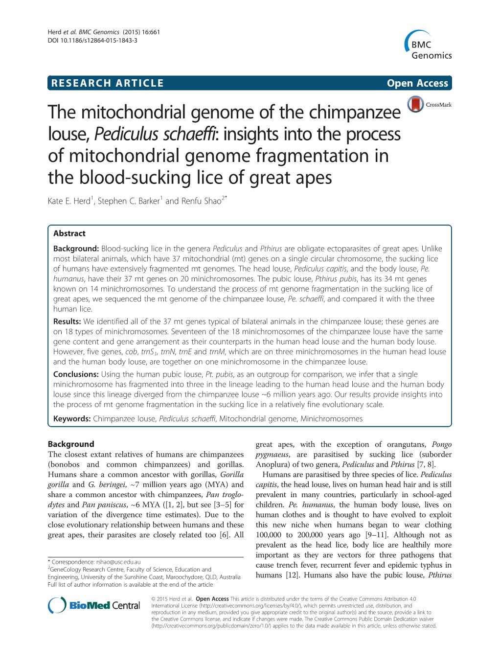 The Mitochondrial Genome of the Chimpanzee Louse, Pediculus Schaeffi