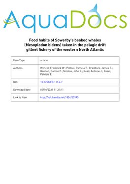Food Habits of Sowerby's Beaked Whales (Mesoplodon Bidens) Taken in the Pelagic Drift Gillnet Fishery of the Western North Atlantic
