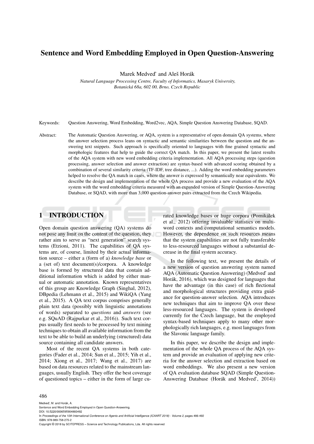 Sentence and Word Embedding Employed in Open Question-Answering