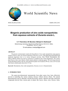 Biogenic Production of Zinc Oxide Nanoparticles from Aqueous Extracts of Duranta Erecta L