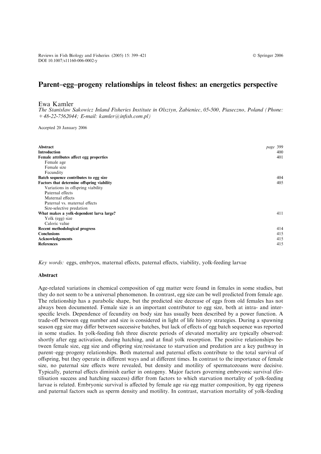 Parent–Egg–Progeny Relationships in Teleost Fishes