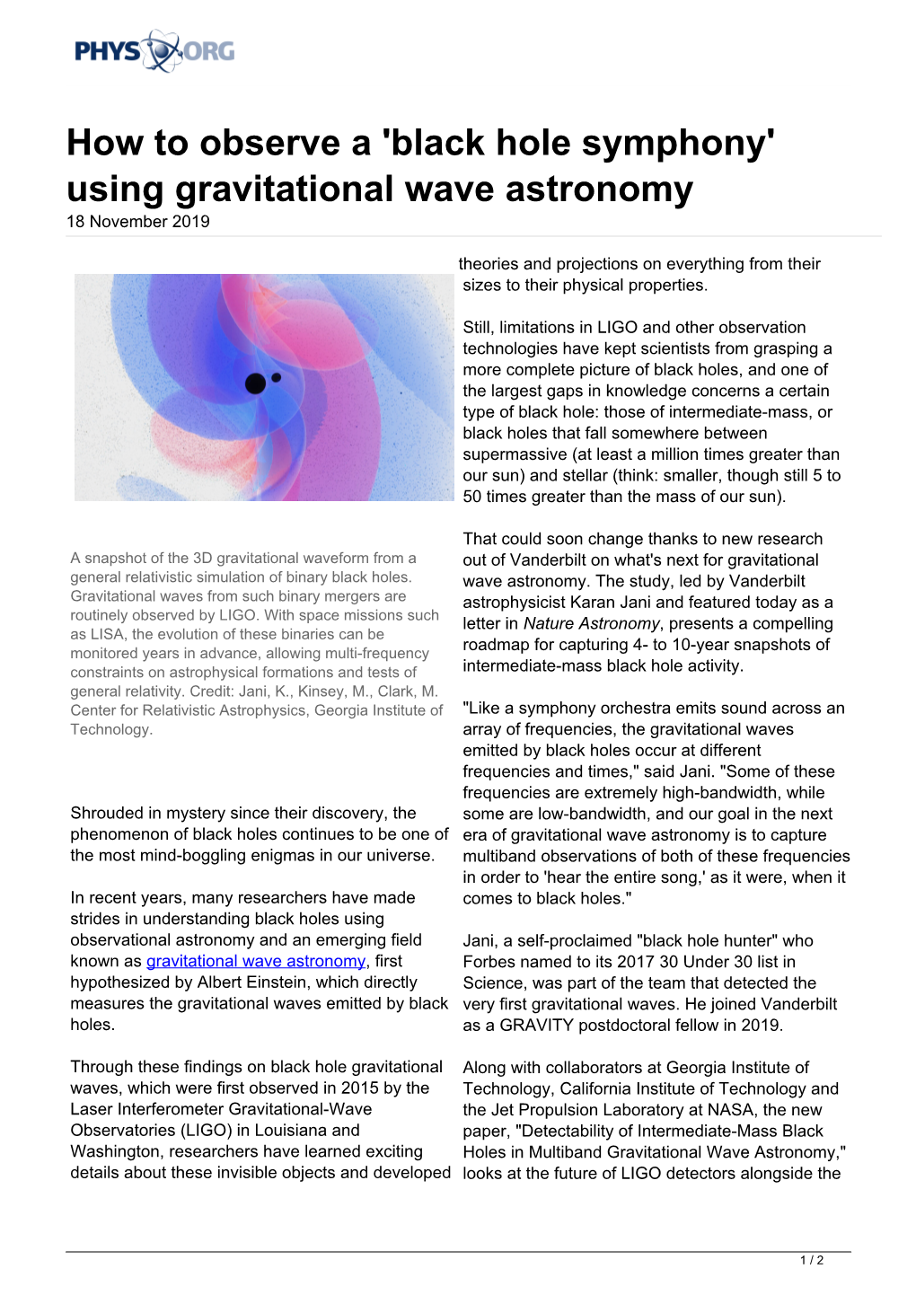 Using Gravitational Wave Astronomy 18 November 2019
