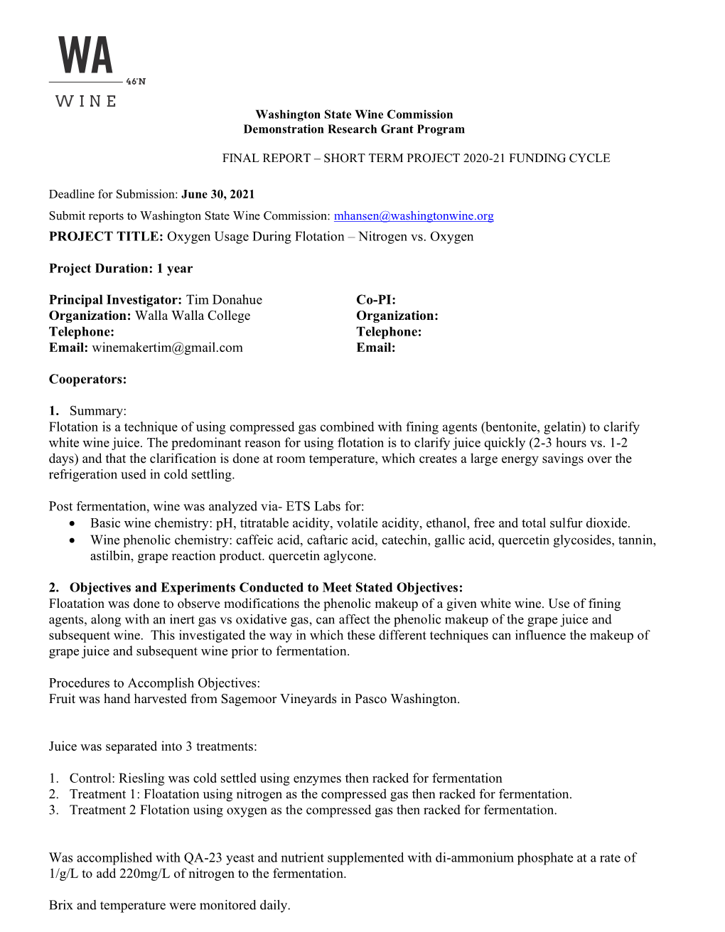 PROJECT TITLE: Oxygen Usage During Flotation – Nitrogen Vs