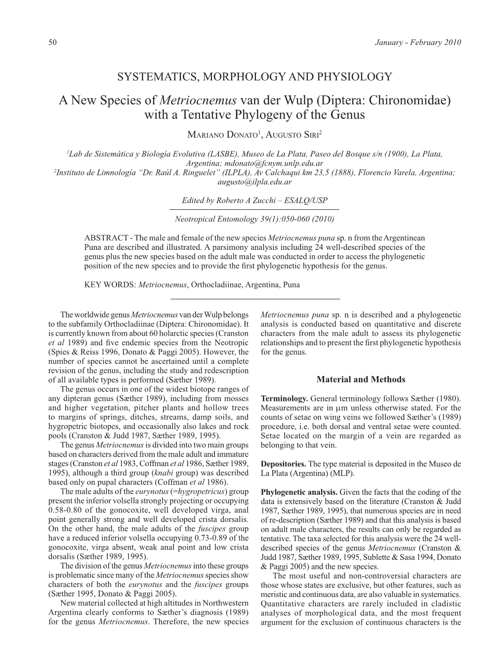 Diptera: Chironomidae) with a Tentative Phylogeny of the Genus