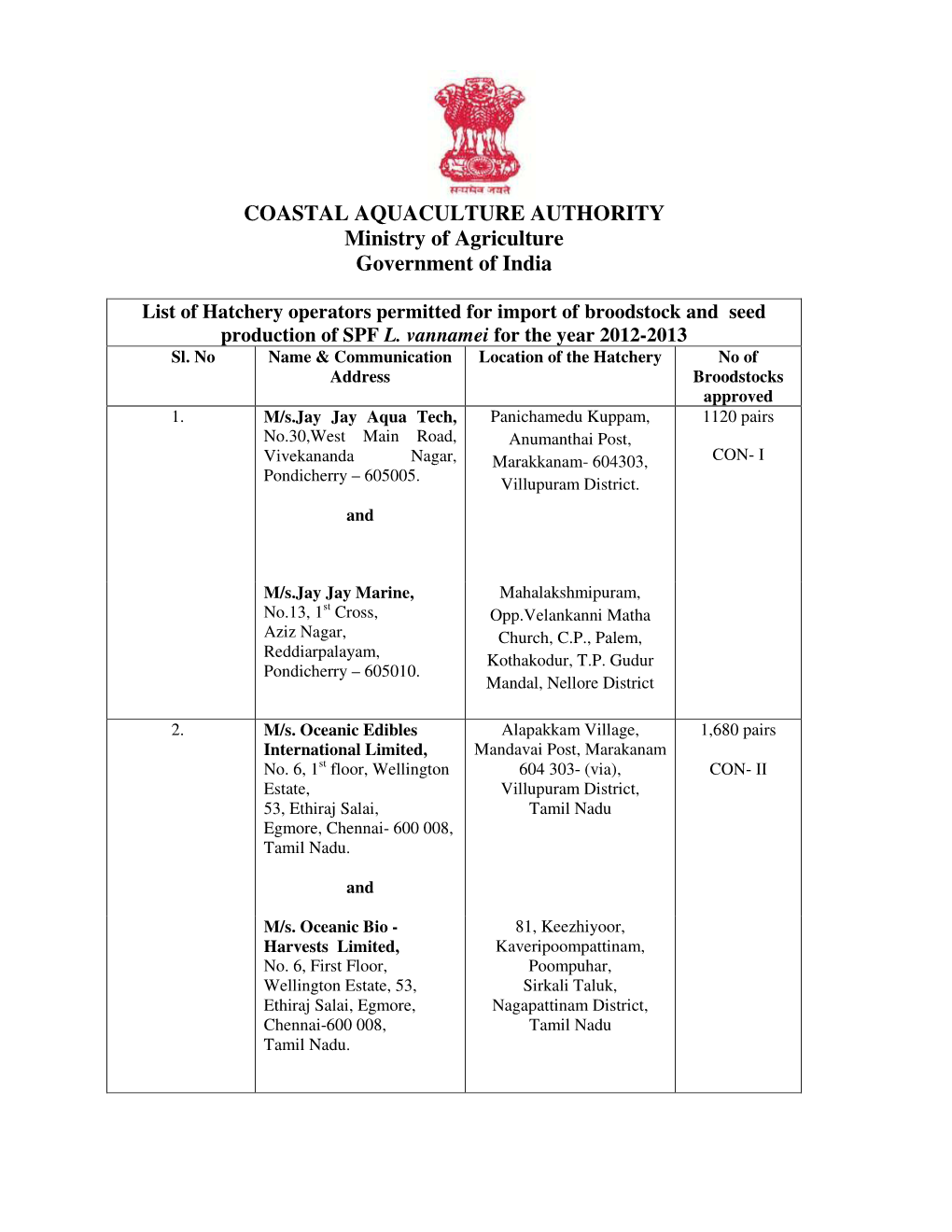 COASTAL AQUACULTURE AUTHORITY Ministry of Agriculture Government of India