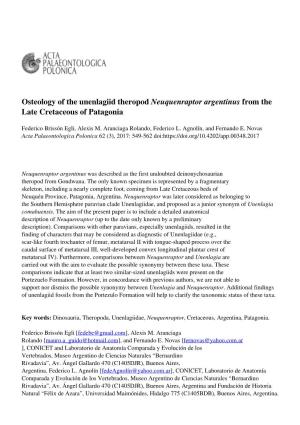 Osteology of the Unenlagiid Theropod Neuquenraptor Argentinus from the Late Cretaceous of Patagonia