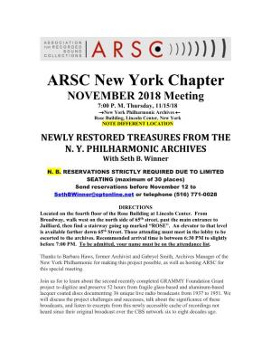 ARSC New York Chapter NOVEMBER 2018 Meeting 7:00 P