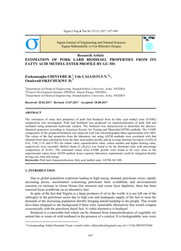 Estimation of Pork Lard Biodiesel Properties from Its Fatty Acid Methyl Ester Profile by Gc-Ms
