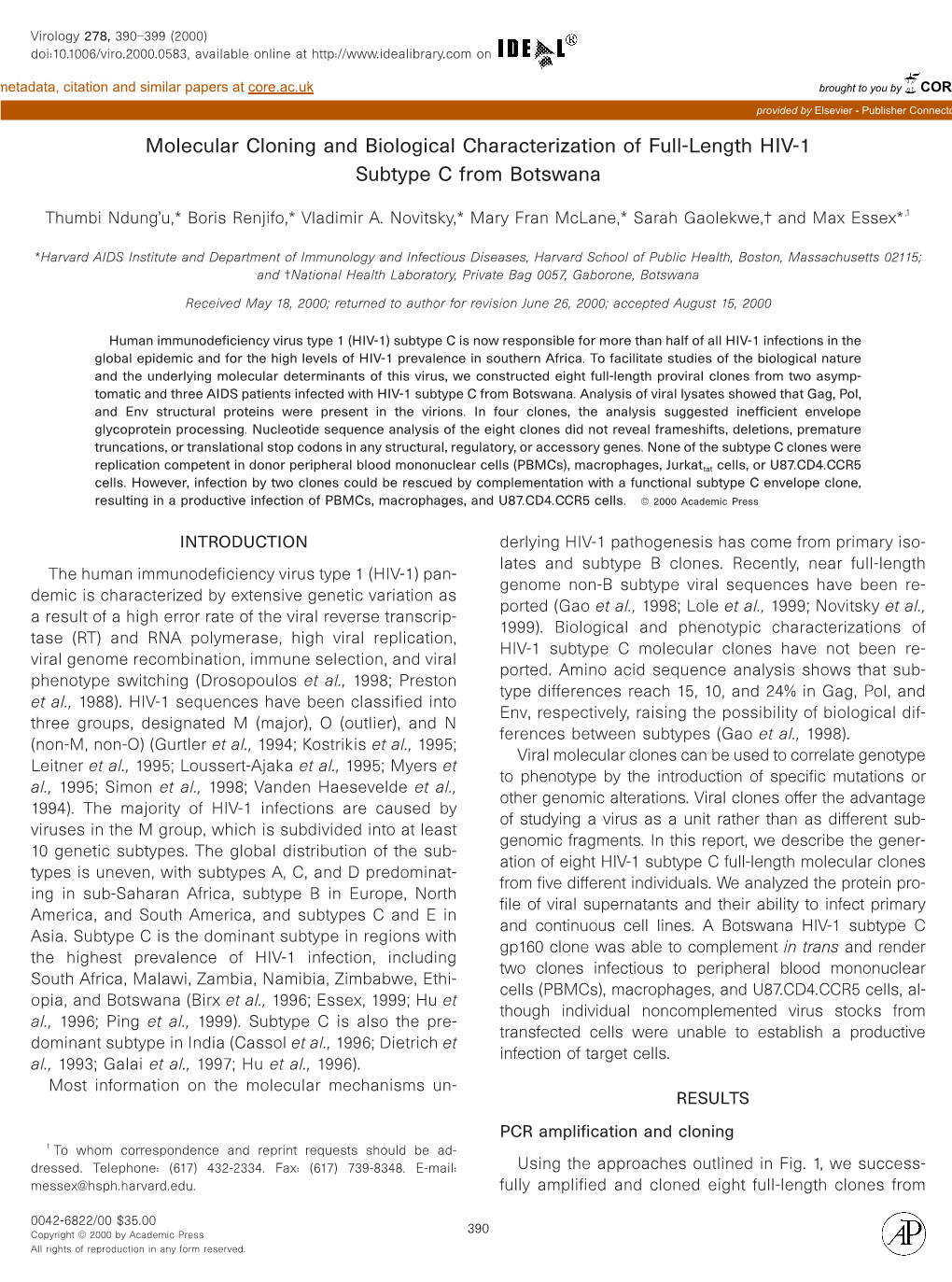 Molecular Cloning and Biological Characterization of Full-Length HIV-1 Subtype C from Botswana