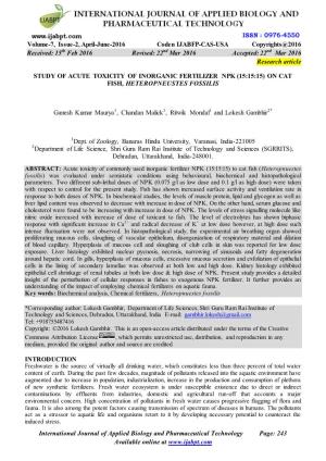 Study of Acute Toxicity of Inorganic Fertilizer Npk (15:15:15) on Cat Fish, Heteropneustes Fossilis