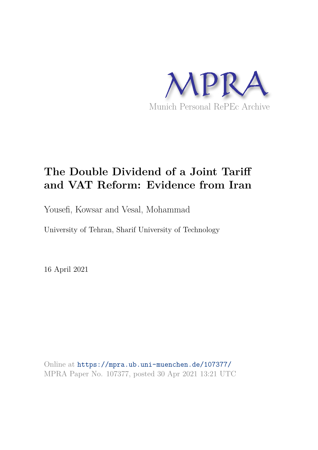 The Double Dividend of a Joint Tariff and VAT Reform: Evidence from Iran