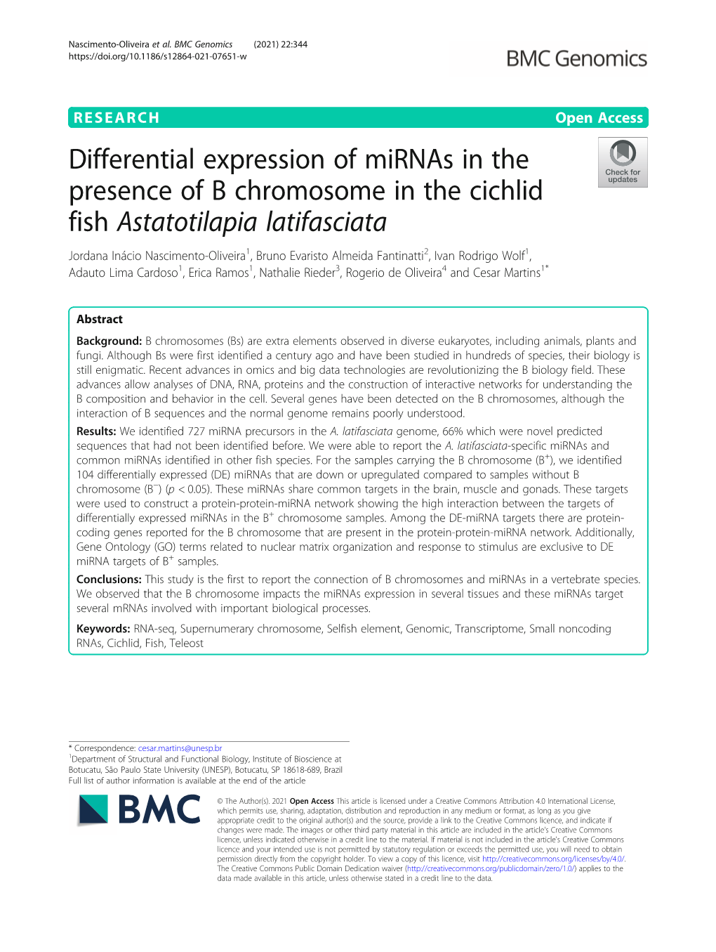 Differential Expression of Mirnas in the Presence of B Chromosome In