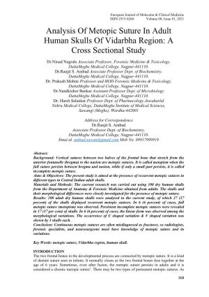 Analysis of Metopic Suture in Adult Human Skulls of Vidarbha Region: a Cross Sectional Study