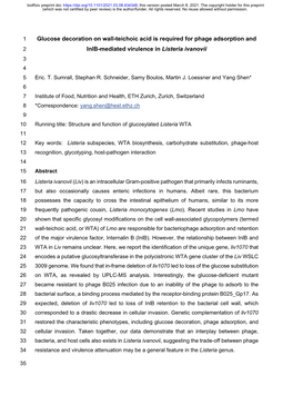 Glucose Decoration on Wall-Teichoic Acid Is Required for Phage Adsorption and 2 Inlb-Mediated Virulence in Listeria Ivanovii 3 4 5 Eric