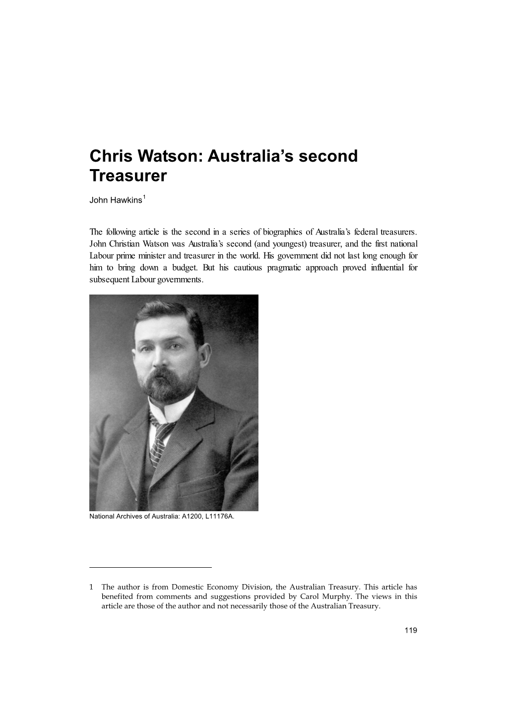 Chris Watson: Australia’S Second Treasurer