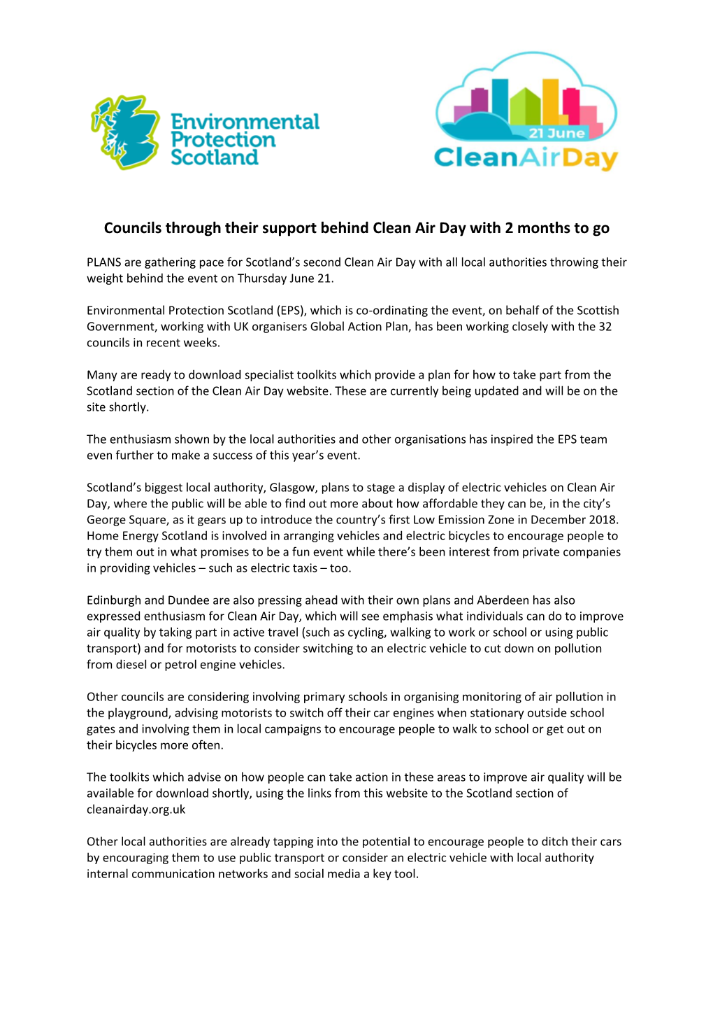 Councils Through Their Support Behind Clean Air Day with 2 Months to Go