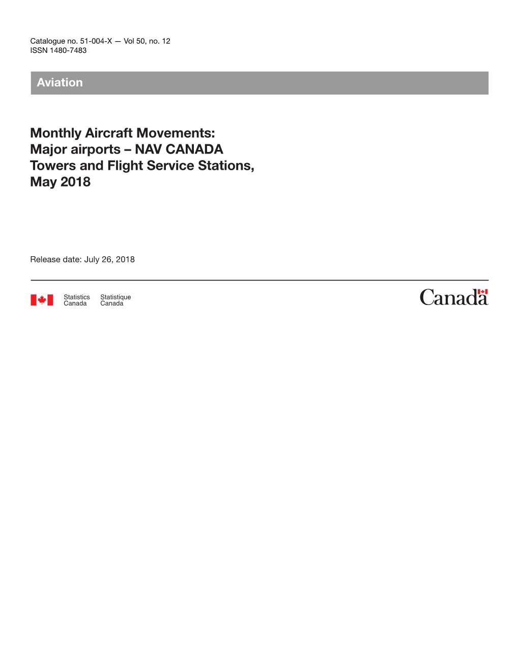 Monthly Aircraft Movements: Major Airports – NAV CANADA Towers and Flight Service Stations, May 2018